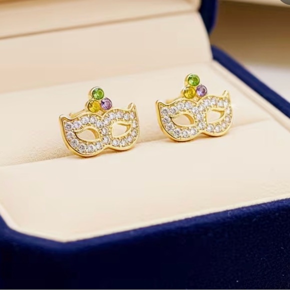 Gold Rhinestone Mask Earrings - Picture 2 of 4